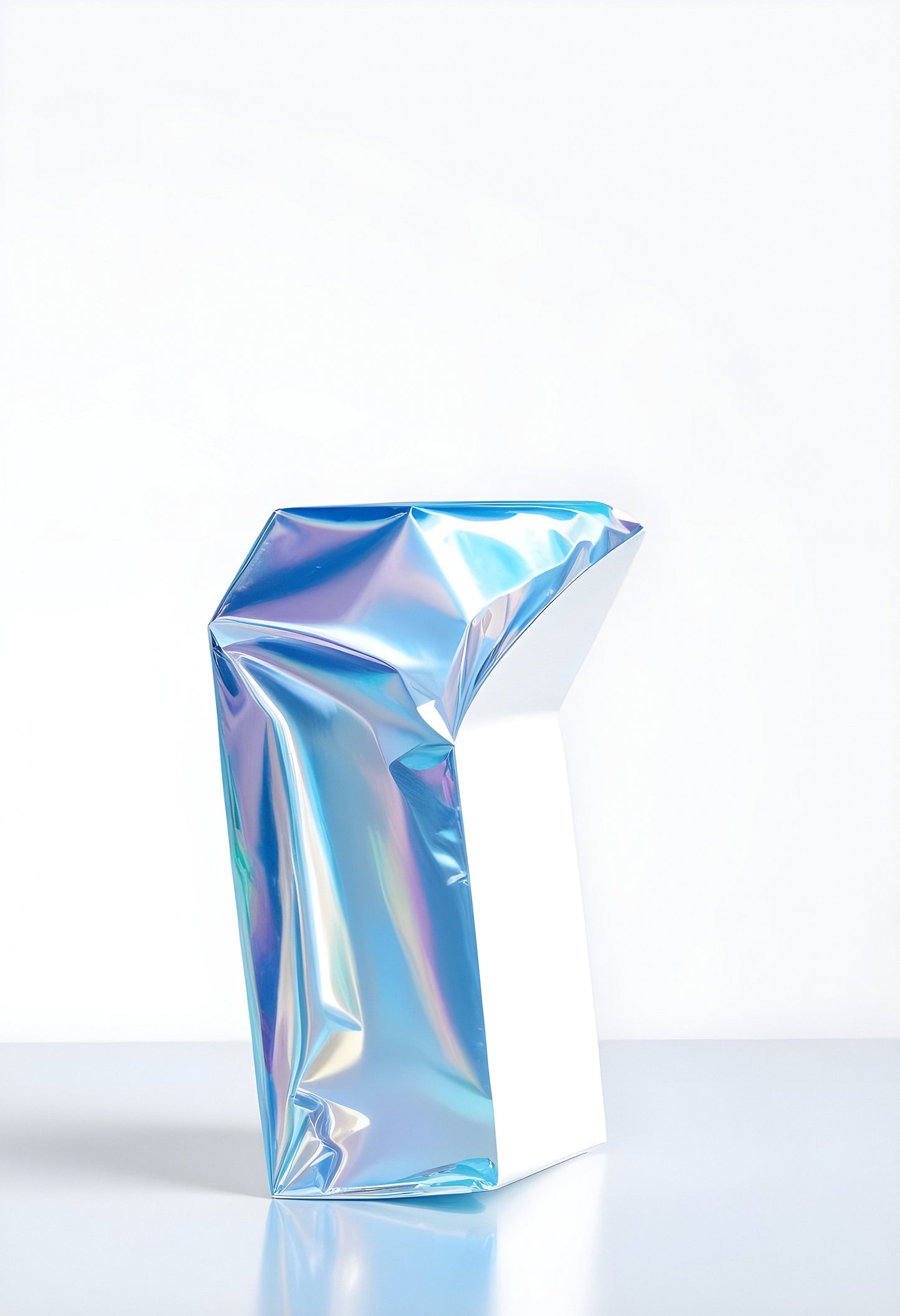 A crumpled holographic milk carton on a minimalistic white background showcasing modern packaging design