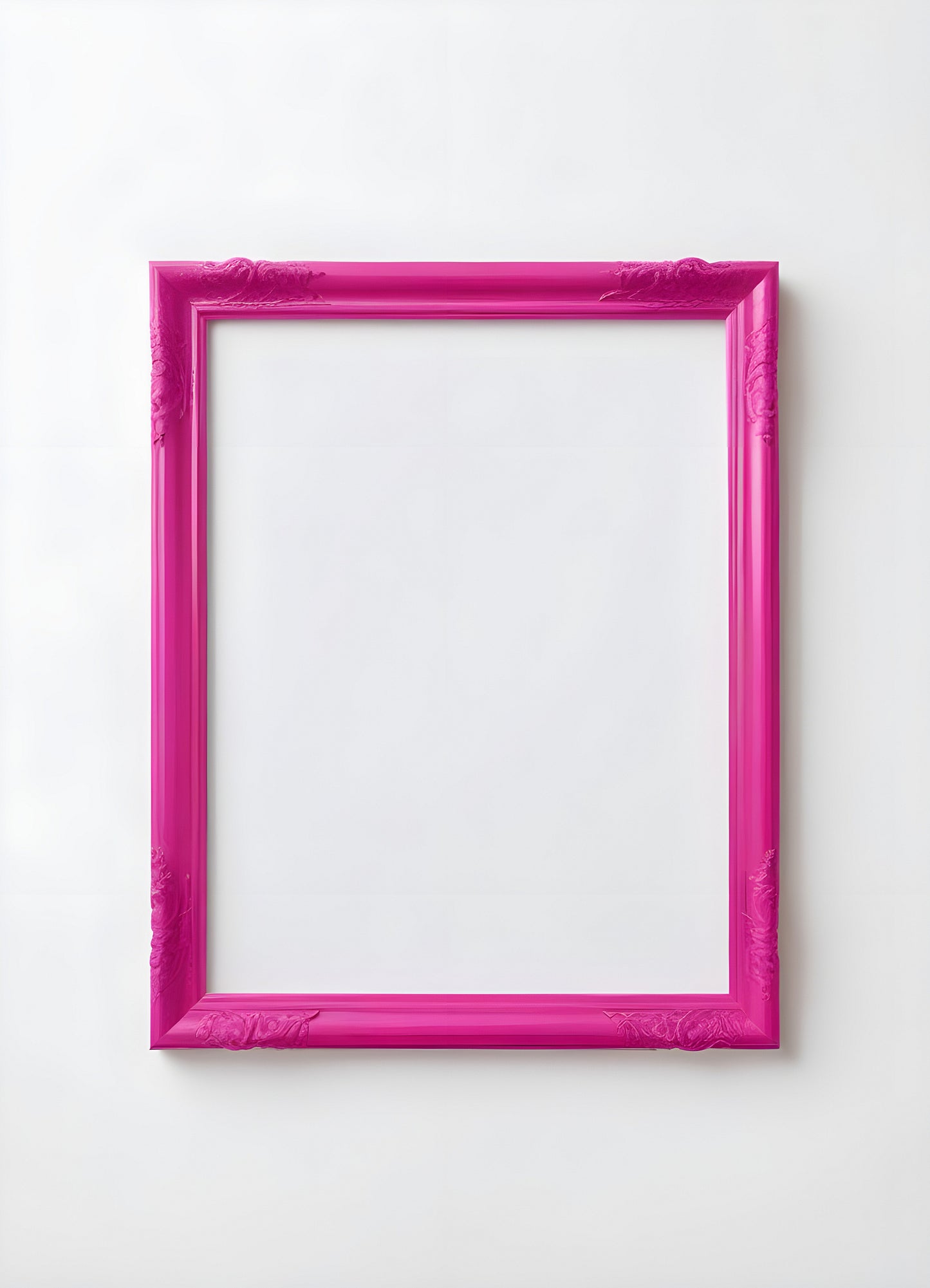 Bright pink empty frame stands against a white wall, inviting creativity and personal expression