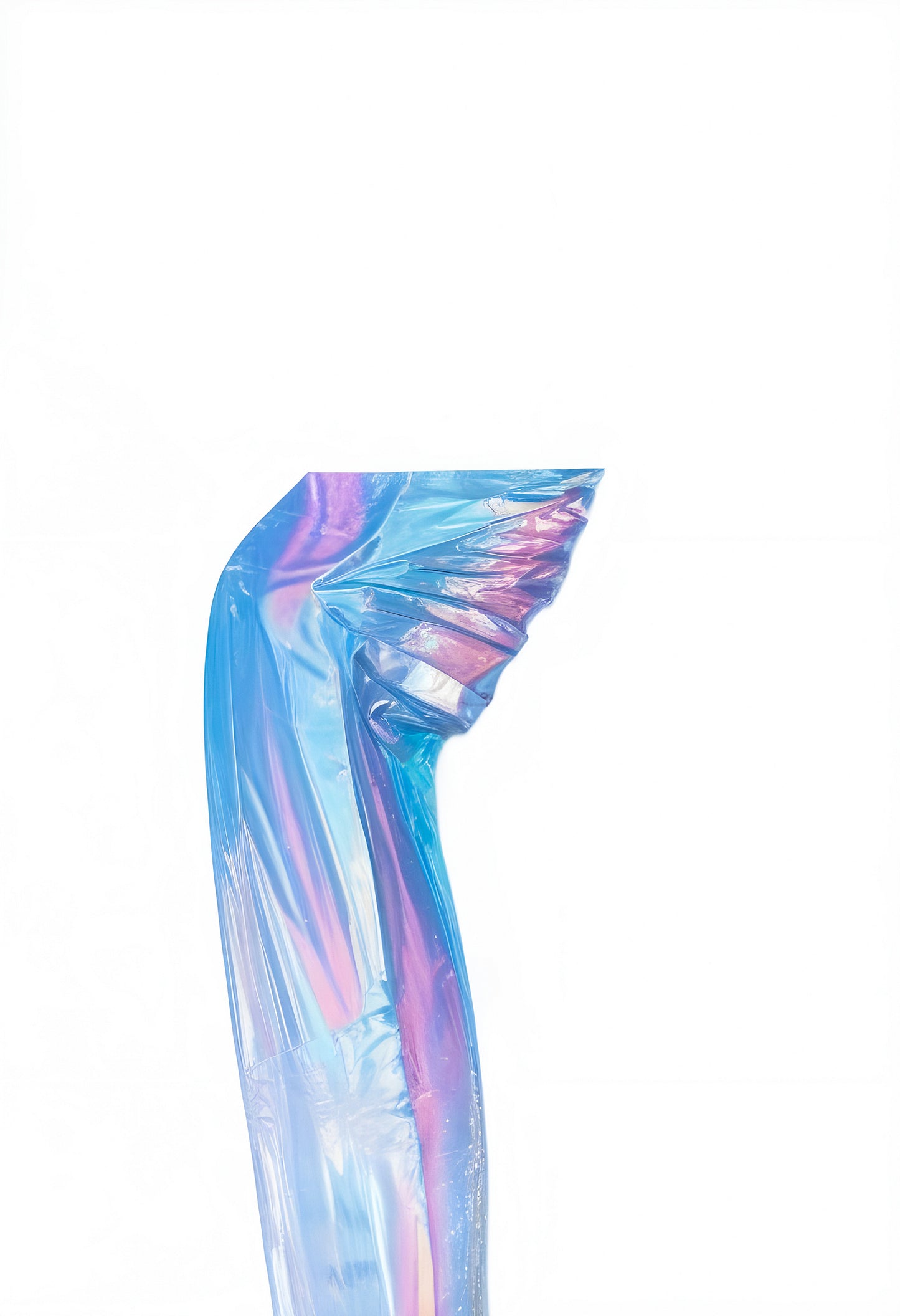 Whimsical blue and pink abstract sculpture made from glossy material with a flowing, wavy design showcasing light reflection