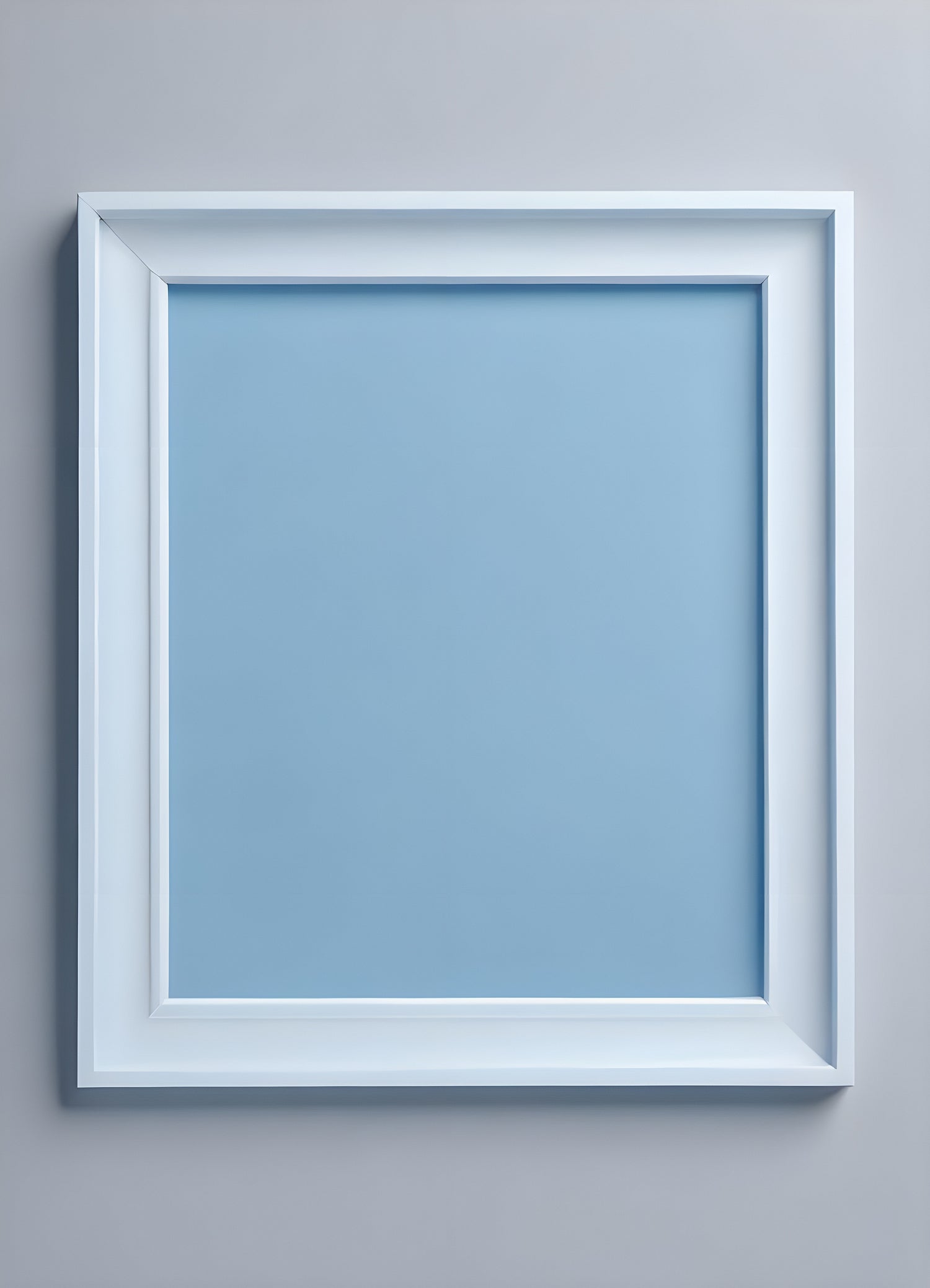 Empty blue frame on a minimalistic gray wall, showcasing a calm and serene atmosphere perfect for showcasing artwork or photographs