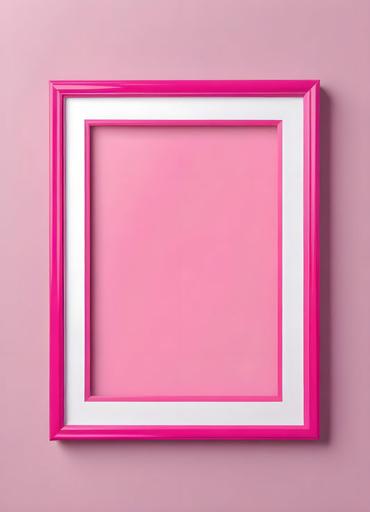 Bright pink empty frame stands against a white wall, inviting creativity and personal expression