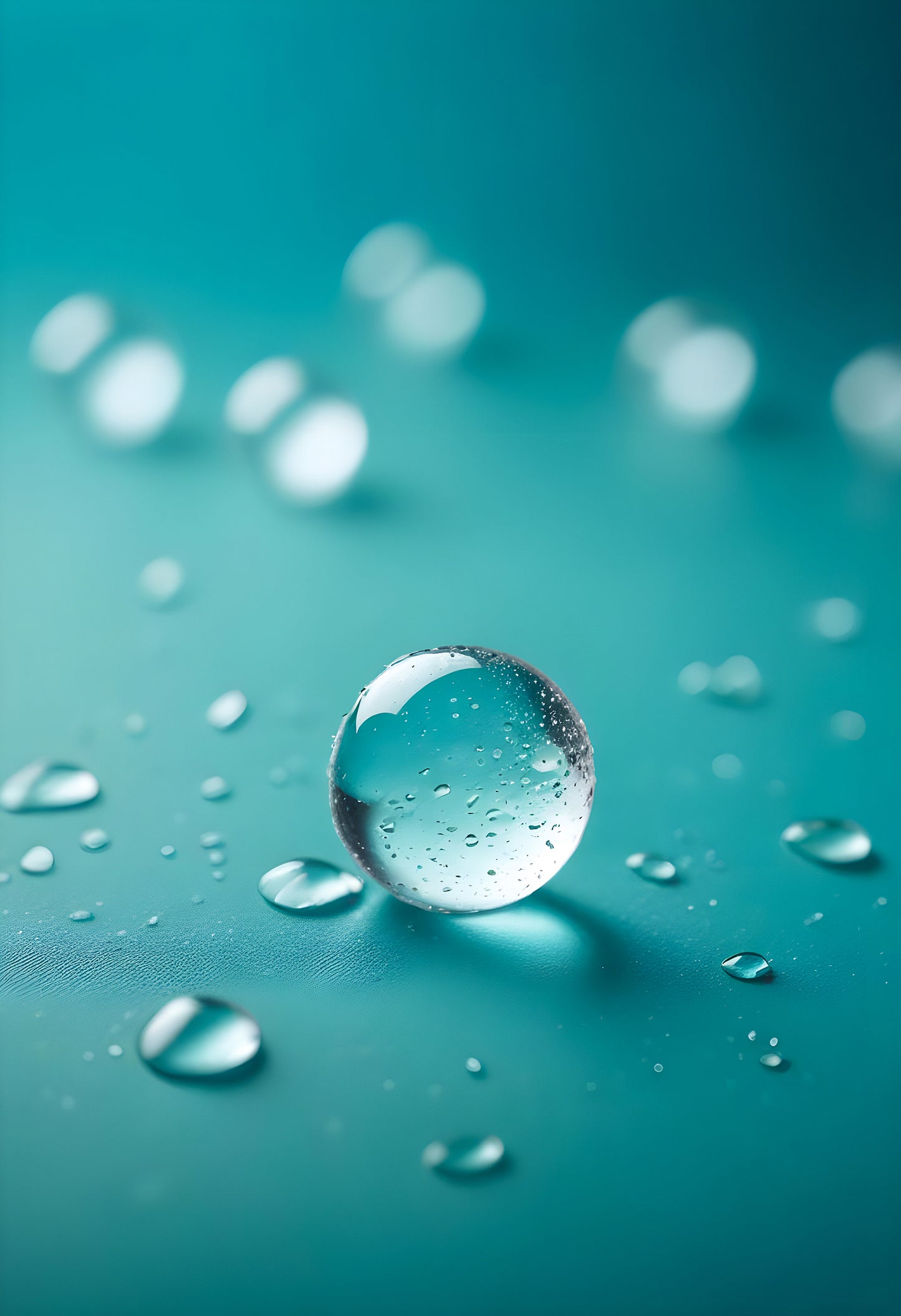 Water droplets on a thin surface with a blurred turquoise background amidst soft light reflections. Generative AI