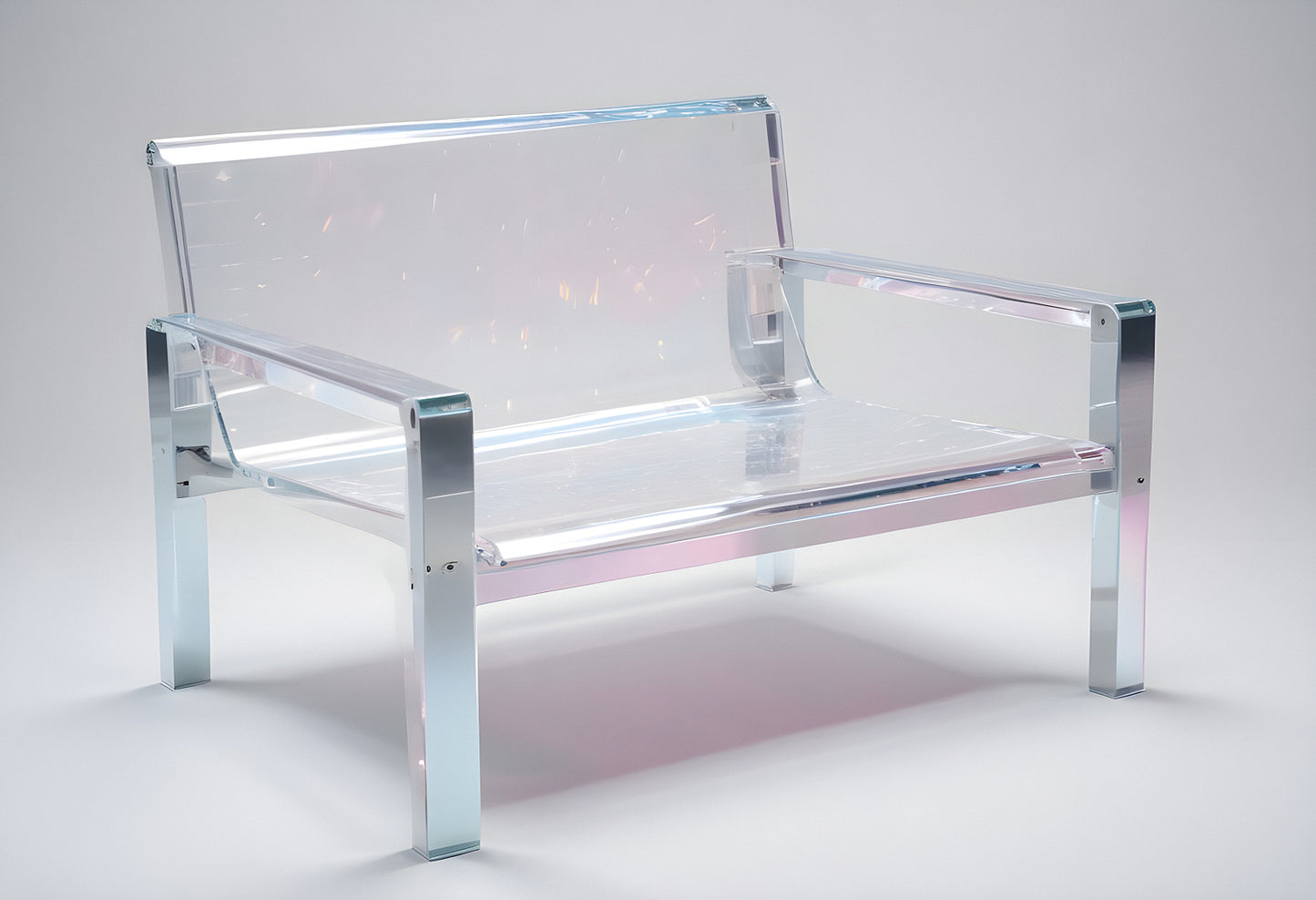 Contemporary transparent acrylic lounge chair with metallic frame shown against a minimalist backdrop