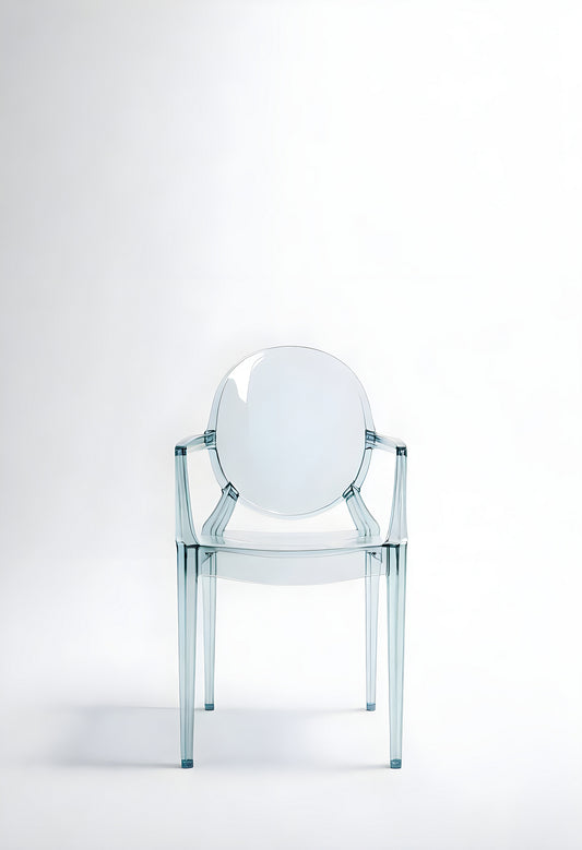 Clear contemporary chair design showcased against a minimal white background for modern interior inspiration