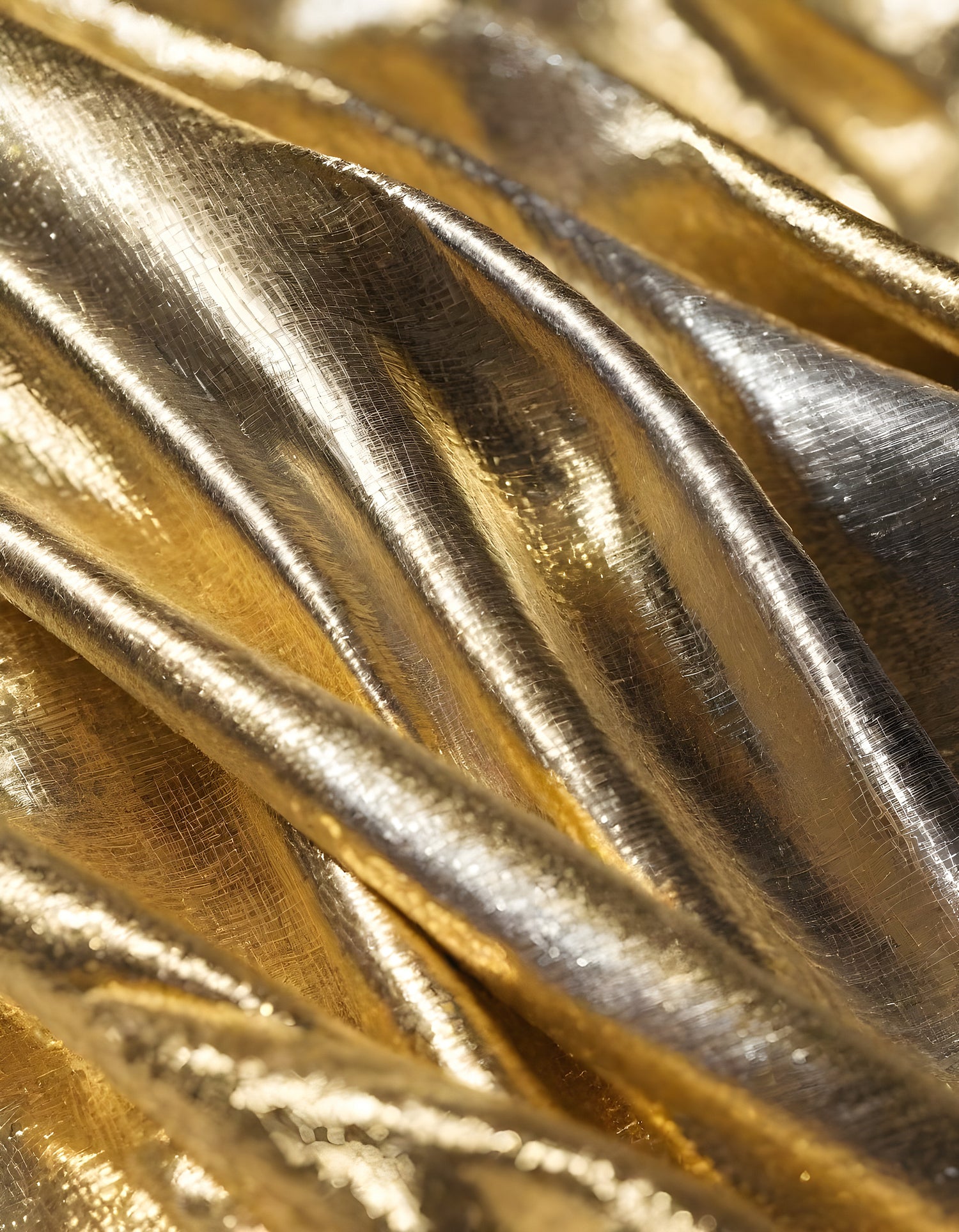 Metallic golden and silver fabric creates elegant textures with intricate folds and reflections under soft lighting