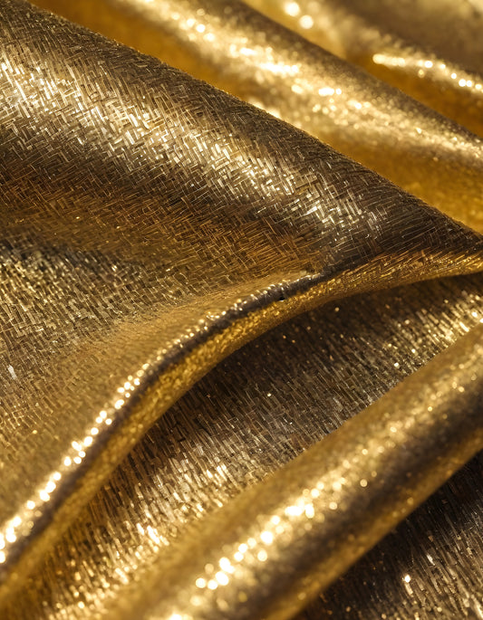 Metallic golden and silver fabric creates elegant textures with intricate folds and reflections under soft lighting