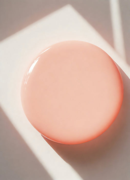 A round, peach-colored soap dish rests on a sunlit surface, casting gentle shadows in a serene home setting