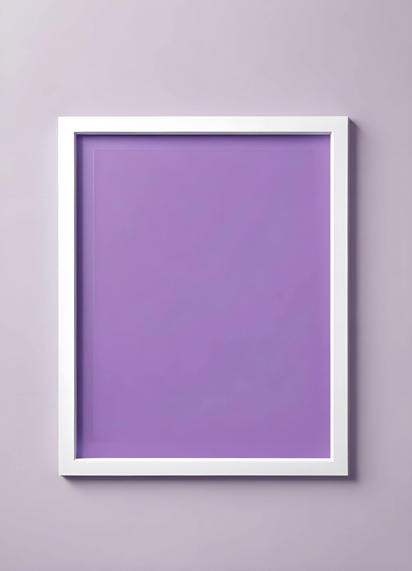 Empty white-framed picture frame on a pastel purple wall, perfect for showcasing art or photographs