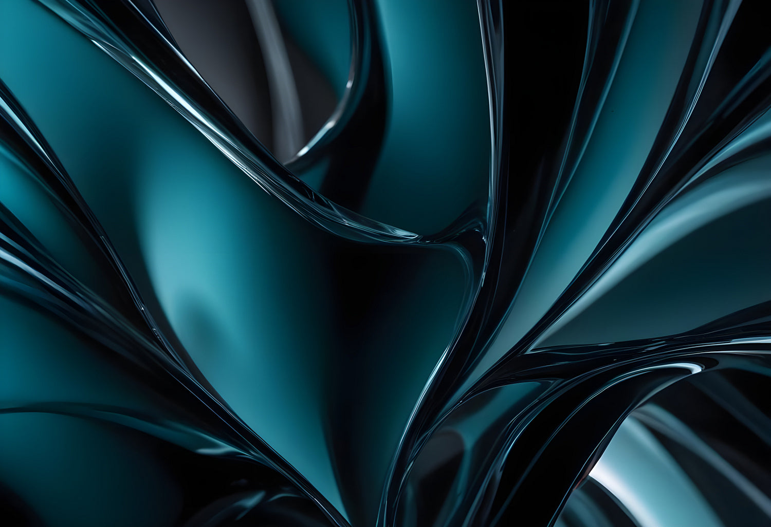 Abstract close-up of glossy, intertwining transparent shapes in dark hues