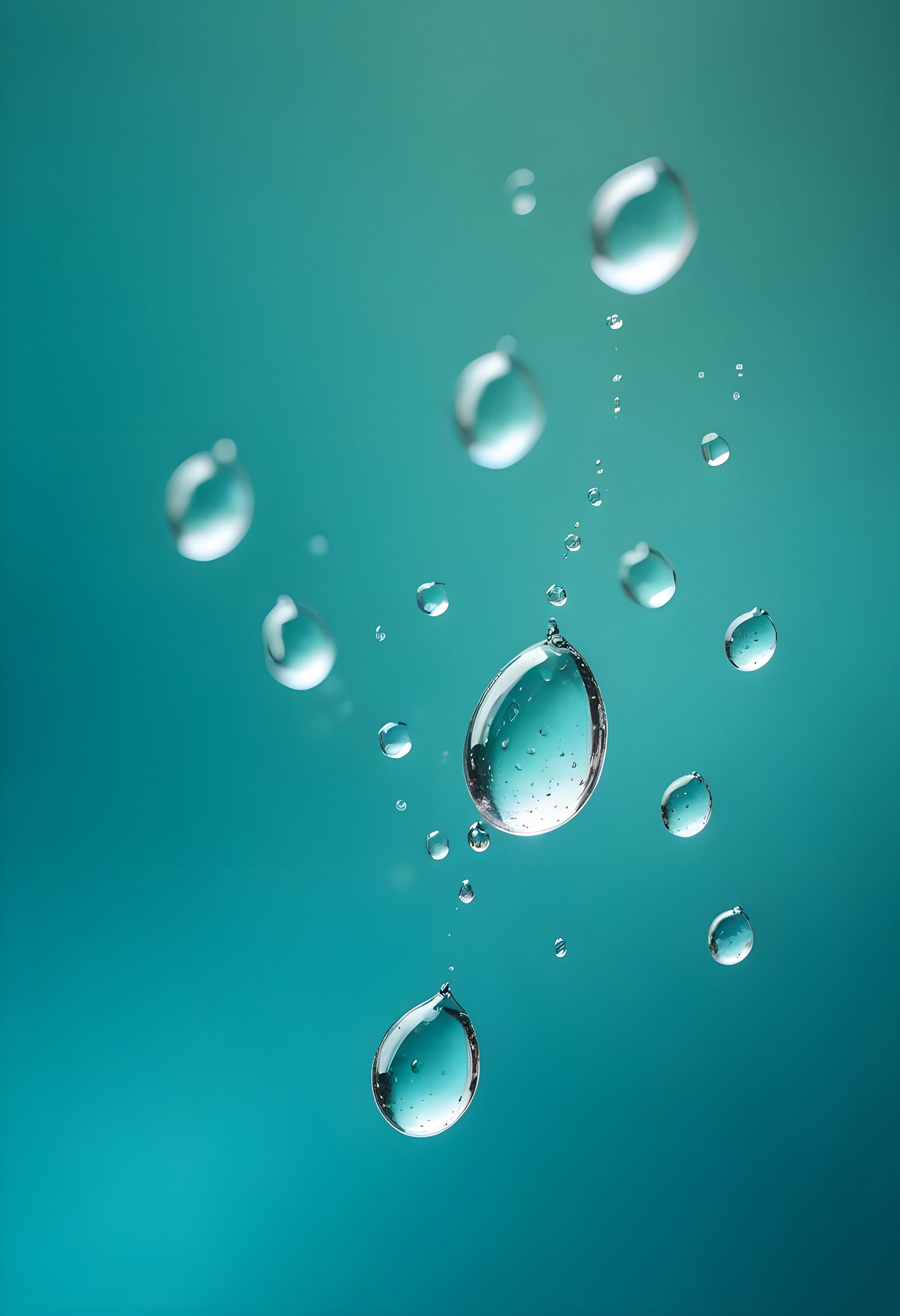 Water droplets on a thin surface with a blurred turquoise background amidst soft light reflections. Generative AI