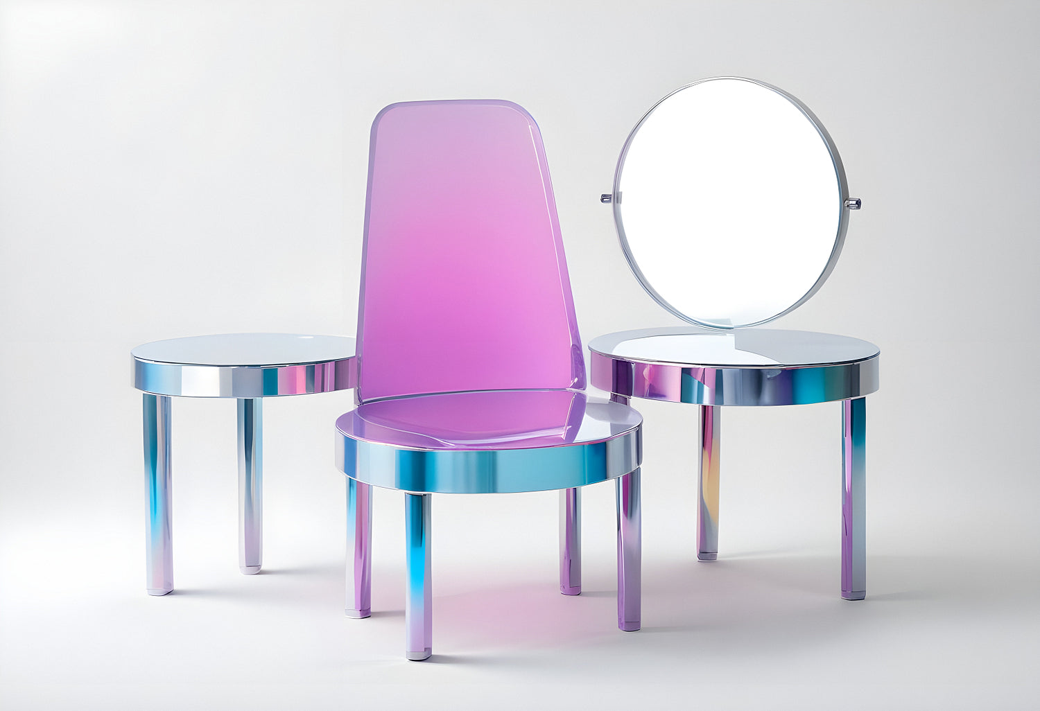 Modern pastel furniture set featuring a chair and two tables with a mirror reflecting light in a minimalist studio setting