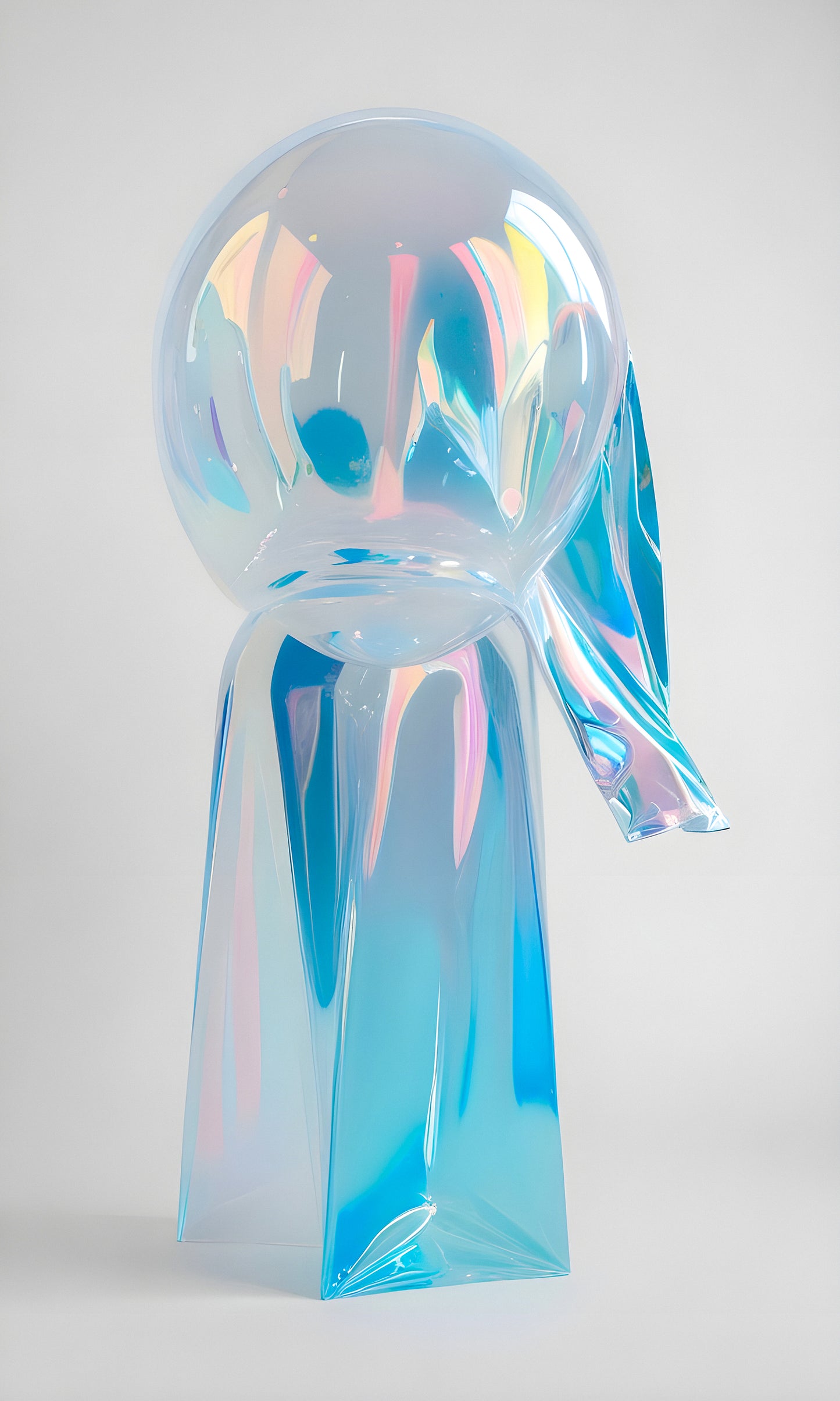 A colorful abstract sculpture reflecting light, showcasing a playful design with clear materials, displayed against a neutral backdrop