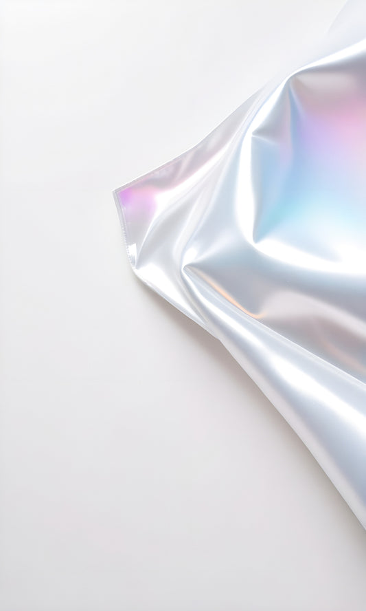 Shimmering iridescent foil draped across a smooth white surface, capturing light and color in an artistic arrangement