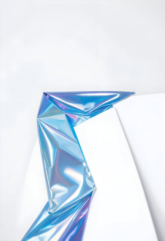 A shiny blue foil wrap draped over a white surface in a modern, minimalist environment reflecting soft light