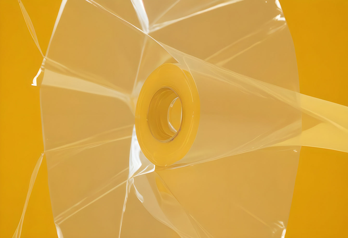 Transparent tape rolls on a bright yellow background, showcasing the texture and layers of the tape's surface. Generative AI