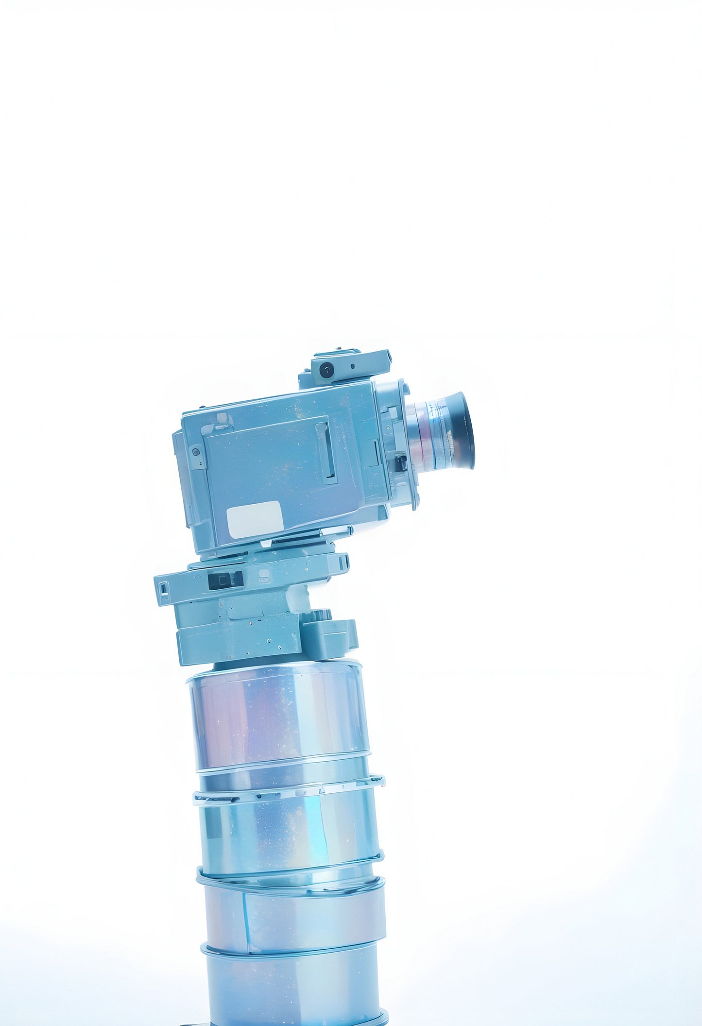 A modern camera perched atop a metallic cylindrical stand against a bright white background