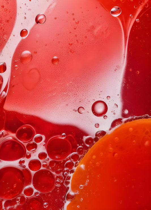 Abstract close-up of red liquid with bubbles and droplets, showcasing the interplay of colors and textures in a vibrant manner. Generative AI