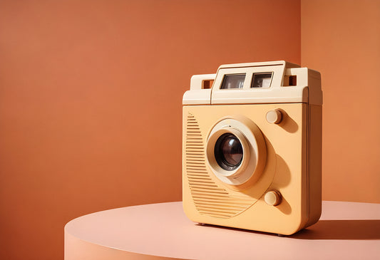 Vintage camera on a minimalist pedestal against a warm orange background in a bright, contemporary setting