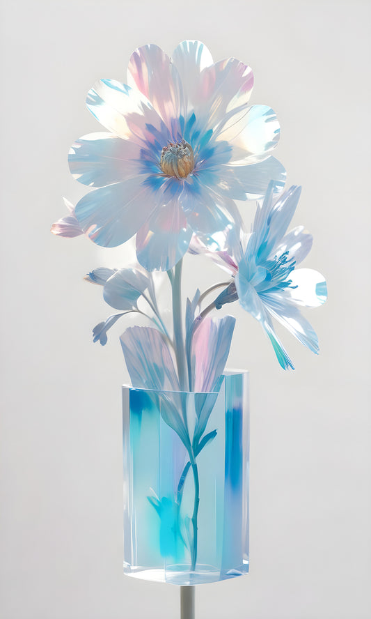 Translucent flowers in a modern vase showcasing vibrant colors and delicate petals, beautifully arranged against a neutral background