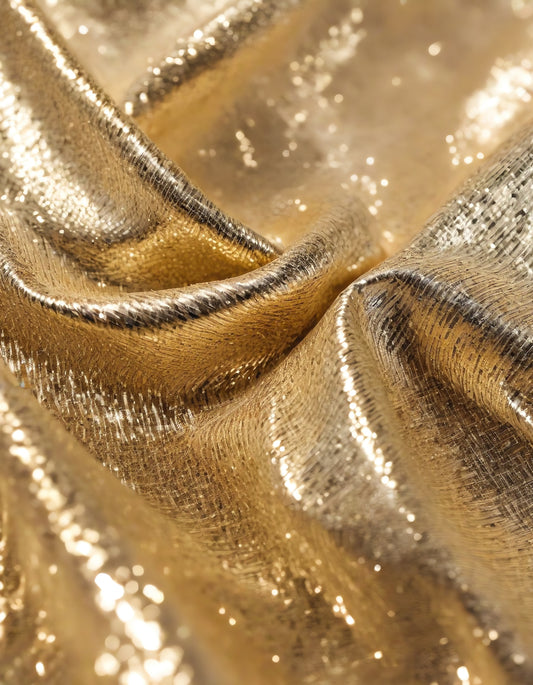 Sparkling golden fabric draping gracefully under soft light during a creative textile project