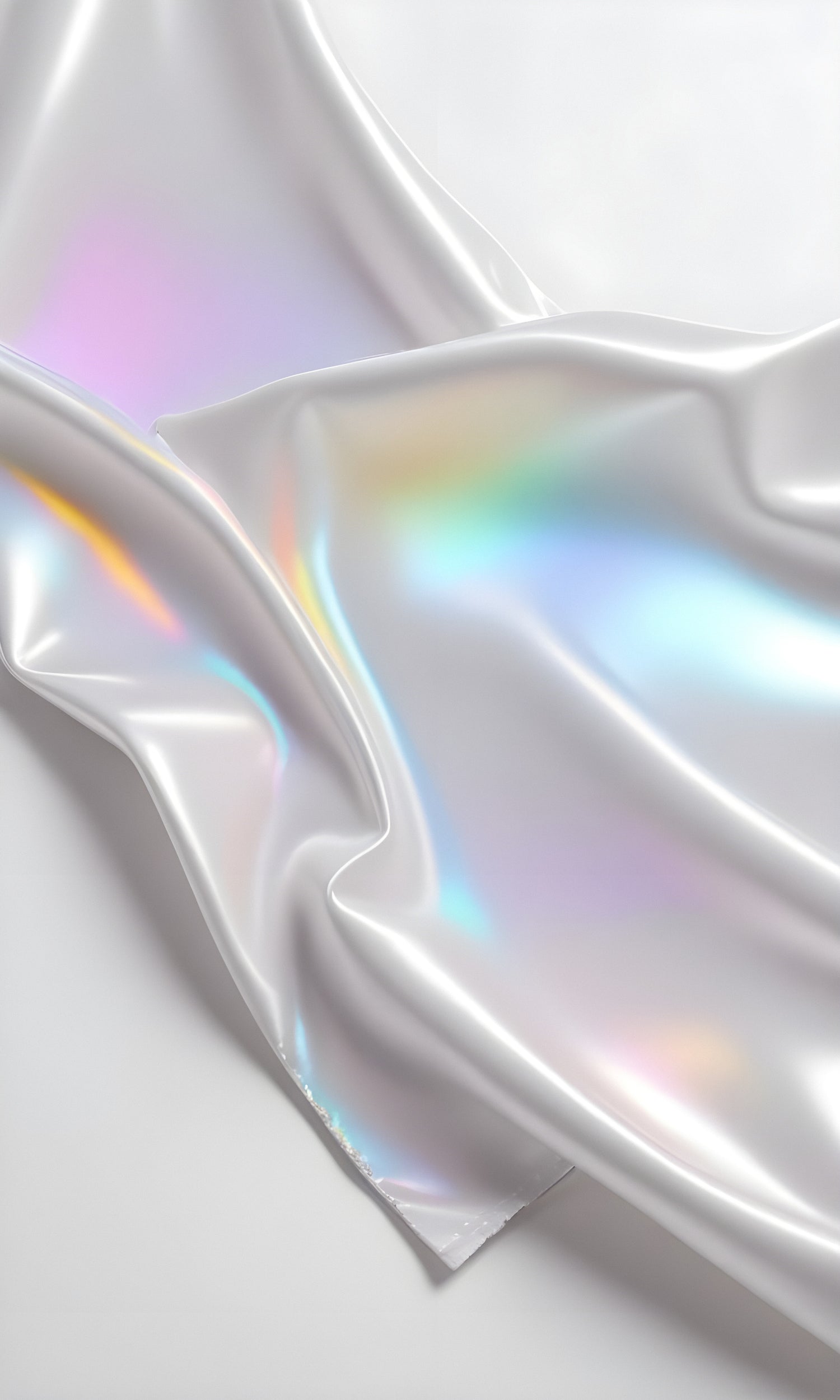 A shimmering white fabric draped gracefully, reflecting subtle iridescent colors in soft light