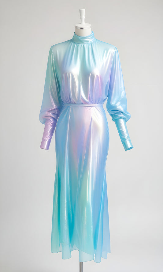 Elegant iridescent dress displayed on a mannequin in a bright studio setting during daylight hours