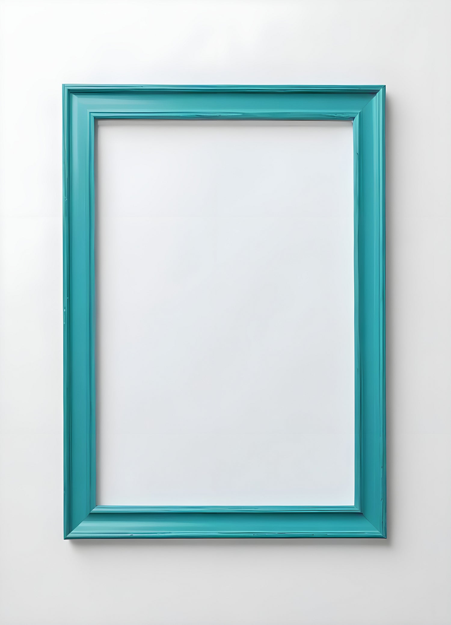 A vibrant turquoise picture frame against a plain white wall inviting creative displays of art or photographs indoors