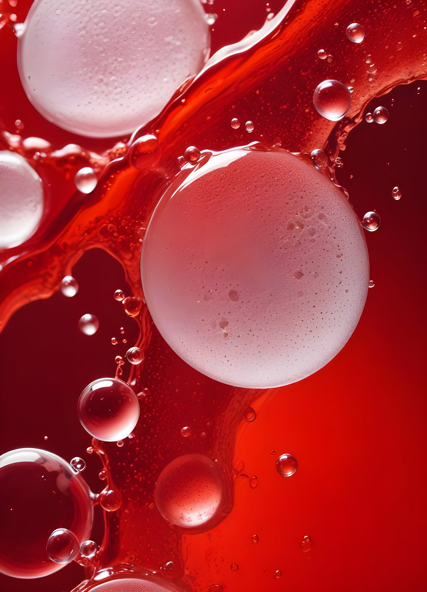 Abstract close-up of red liquid with bubbles and droplets, showcasing the interplay of colors and textures in a vibrant manner. Generative AI