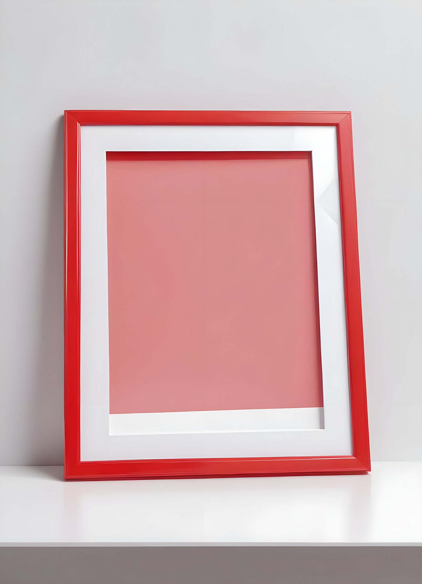 Empty red and white frame placed on a white shelf against a light gray wall, showcasing its modern design and simplicity