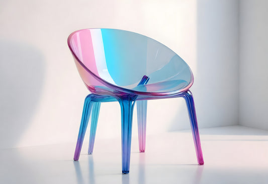 Modern transparent chair with colorful gradient design in a bright, minimalist interior space