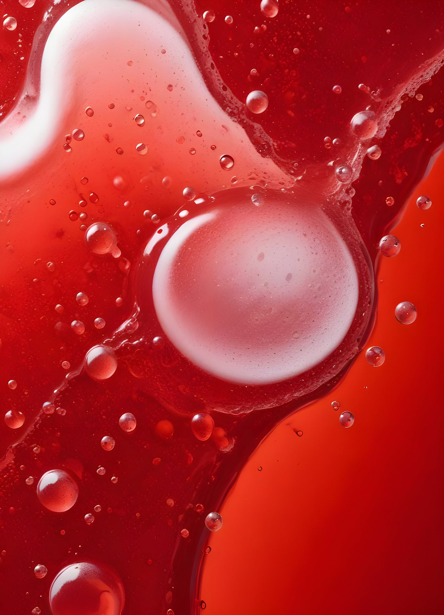 Abstract close-up of red liquid with bubbles and droplets, showcasing the interplay of colors and textures in a vibrant manner. Generative AI