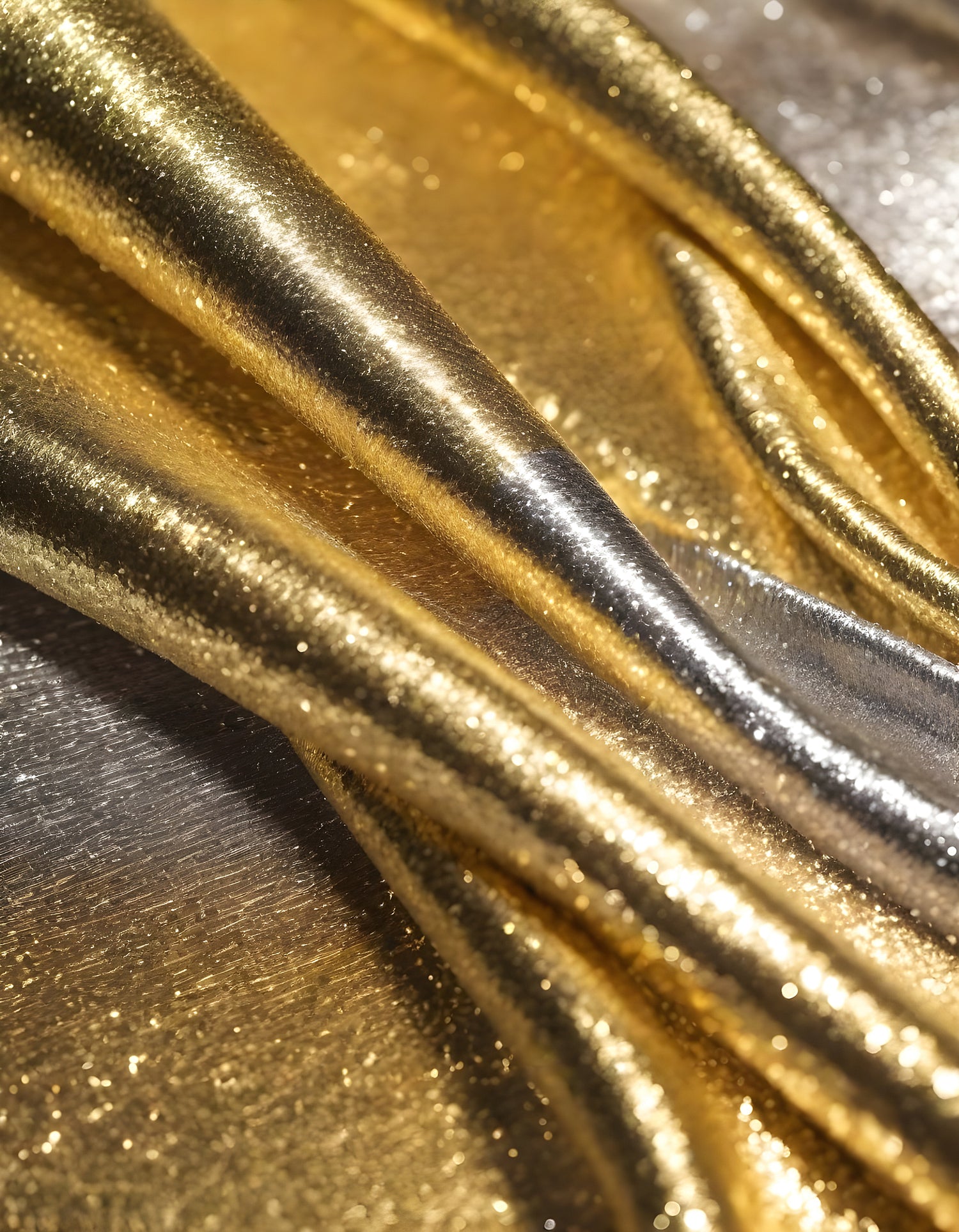 Metallic golden and silver fabric creates elegant textures with intricate folds and reflections under soft lighting