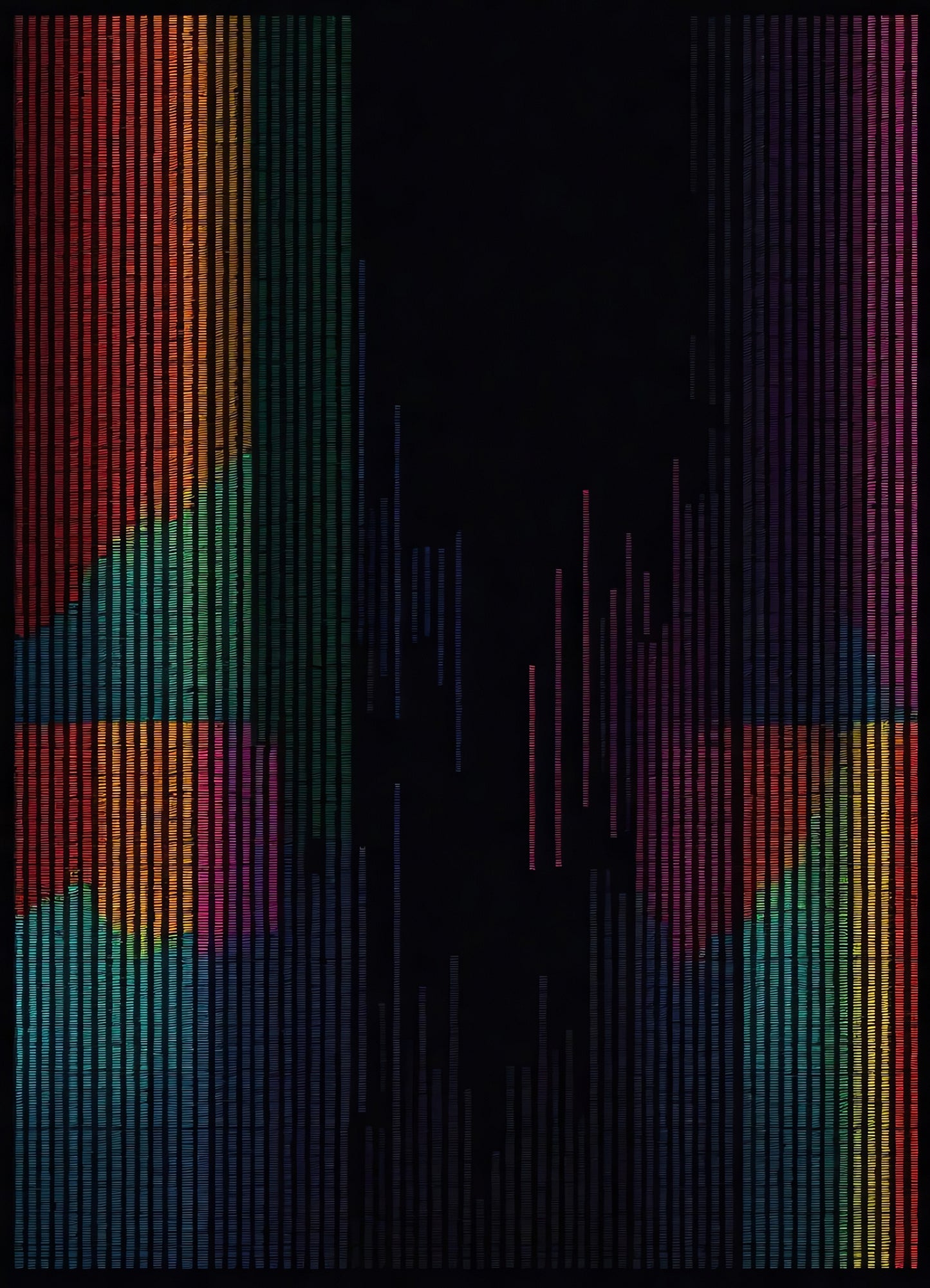 Colorful abstract digital patterns with vibrant lines and shapes on a dark background create a striking visual effect