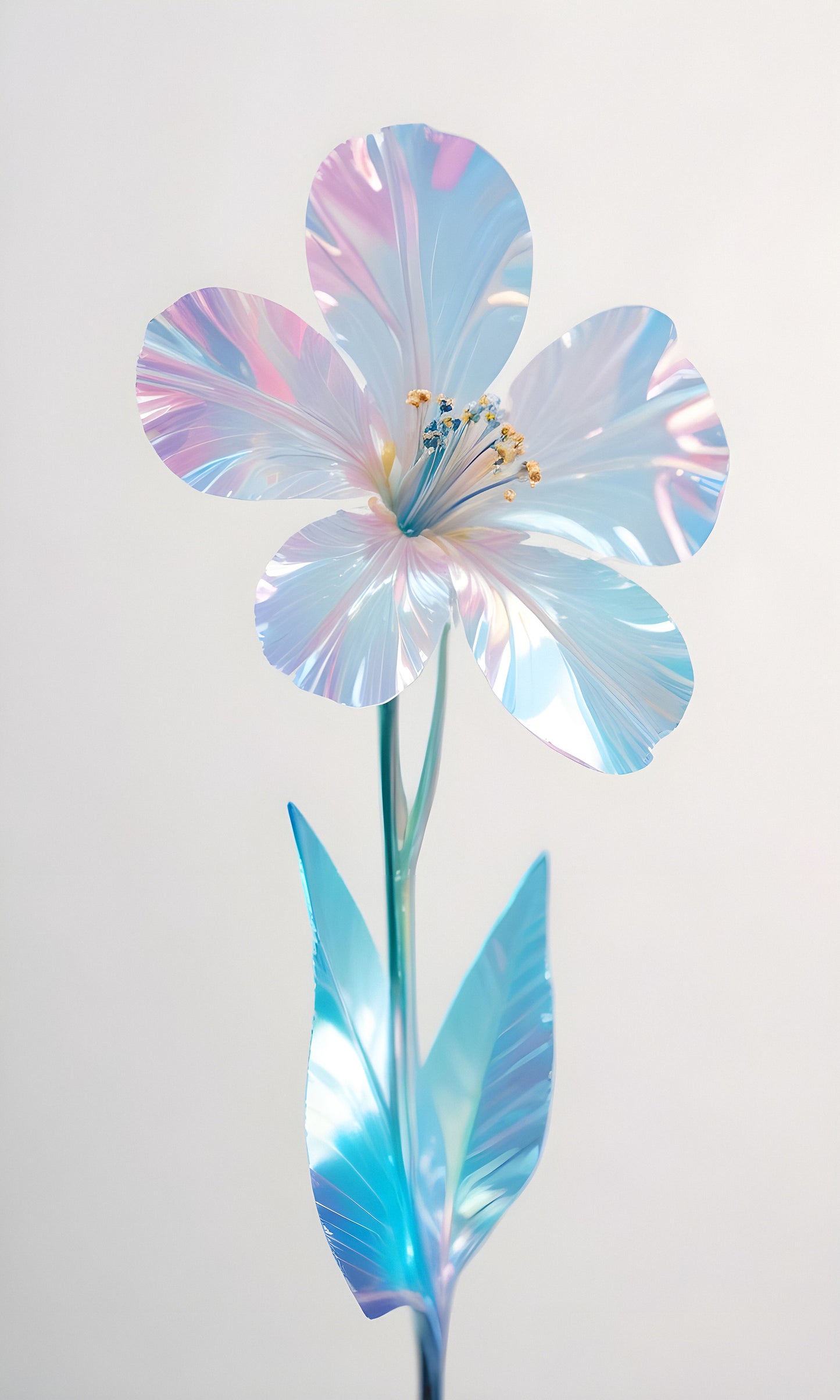 A metallic blue flower with reflective petals and delicate details against a light background creating a vibrant artistic display