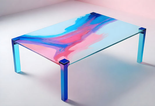 Colorful glass coffee table with abstract design featuring blue and pink hues in a modern interior setting