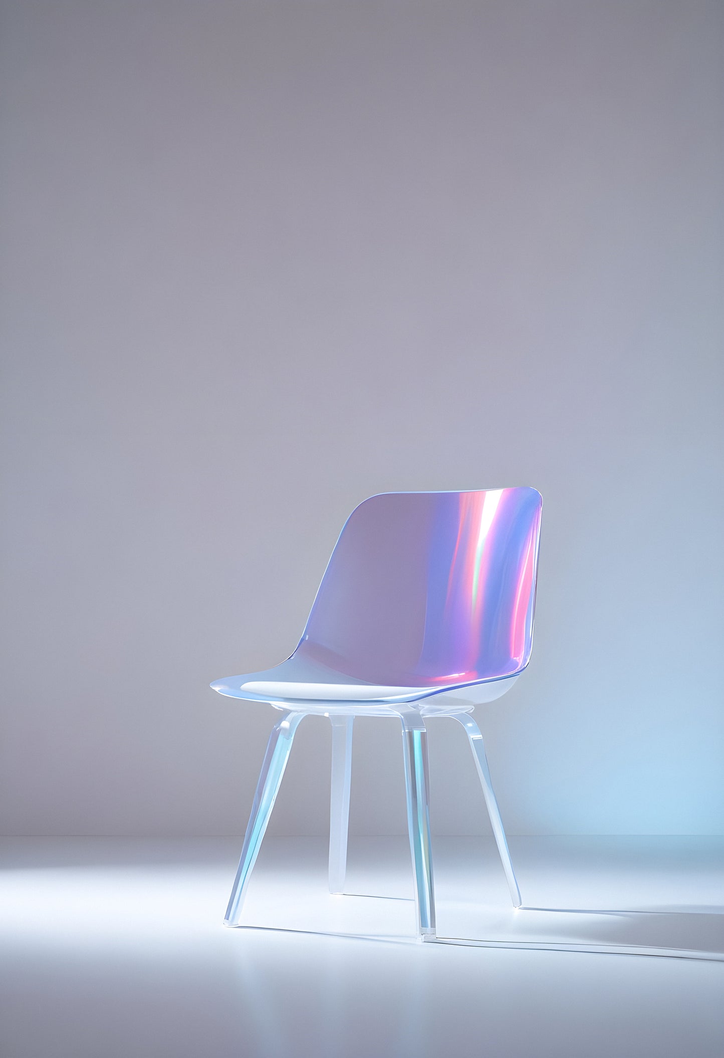 Modern transparent chair illuminated with colorful lighting effects against a minimalistic backdrop indoors