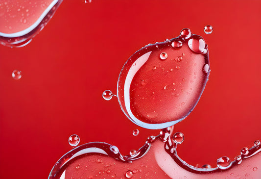 Close-up view of red liquid droplets on a vibrant red background highlighting texture and reflection