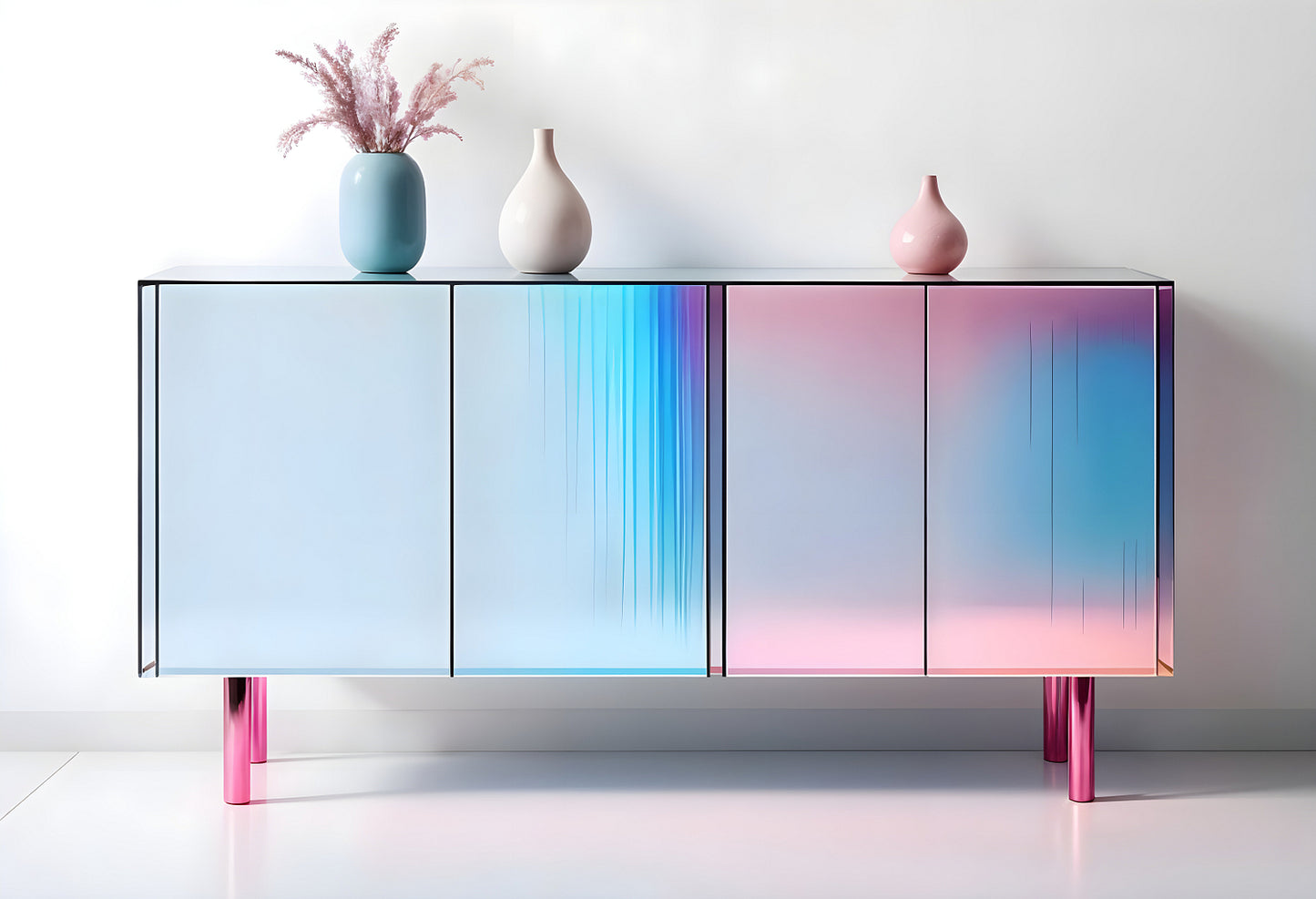 Modern sideboard with gradient finish and decorative vases in a bright interior setting during daylight hours