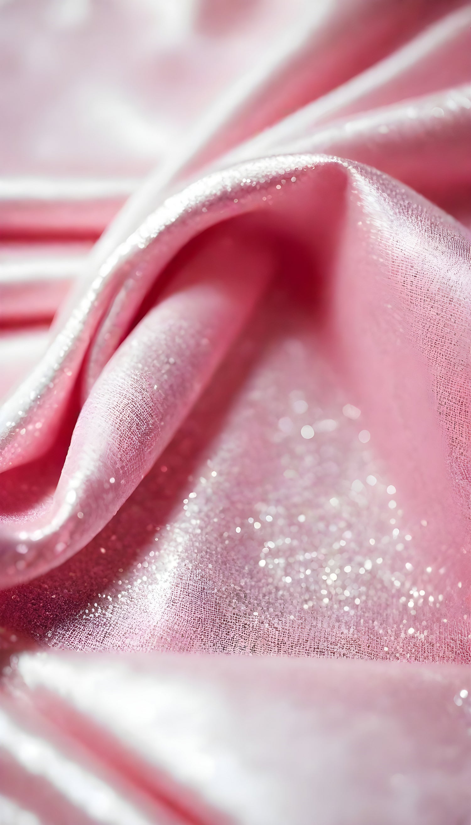 A close-up view of soft, shiny pink fabric draped elegantly, highlighting its smooth texture and sheen, perfect for luxurious designs