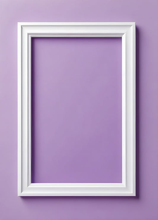 Empty white frame hanging on a purple wall in a modern interior setting