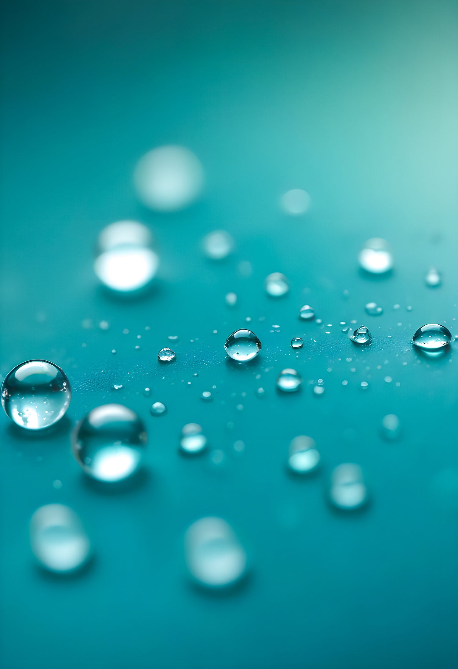 Water droplets on a thin surface with a blurred turquoise background amidst soft light reflections. Generative AI