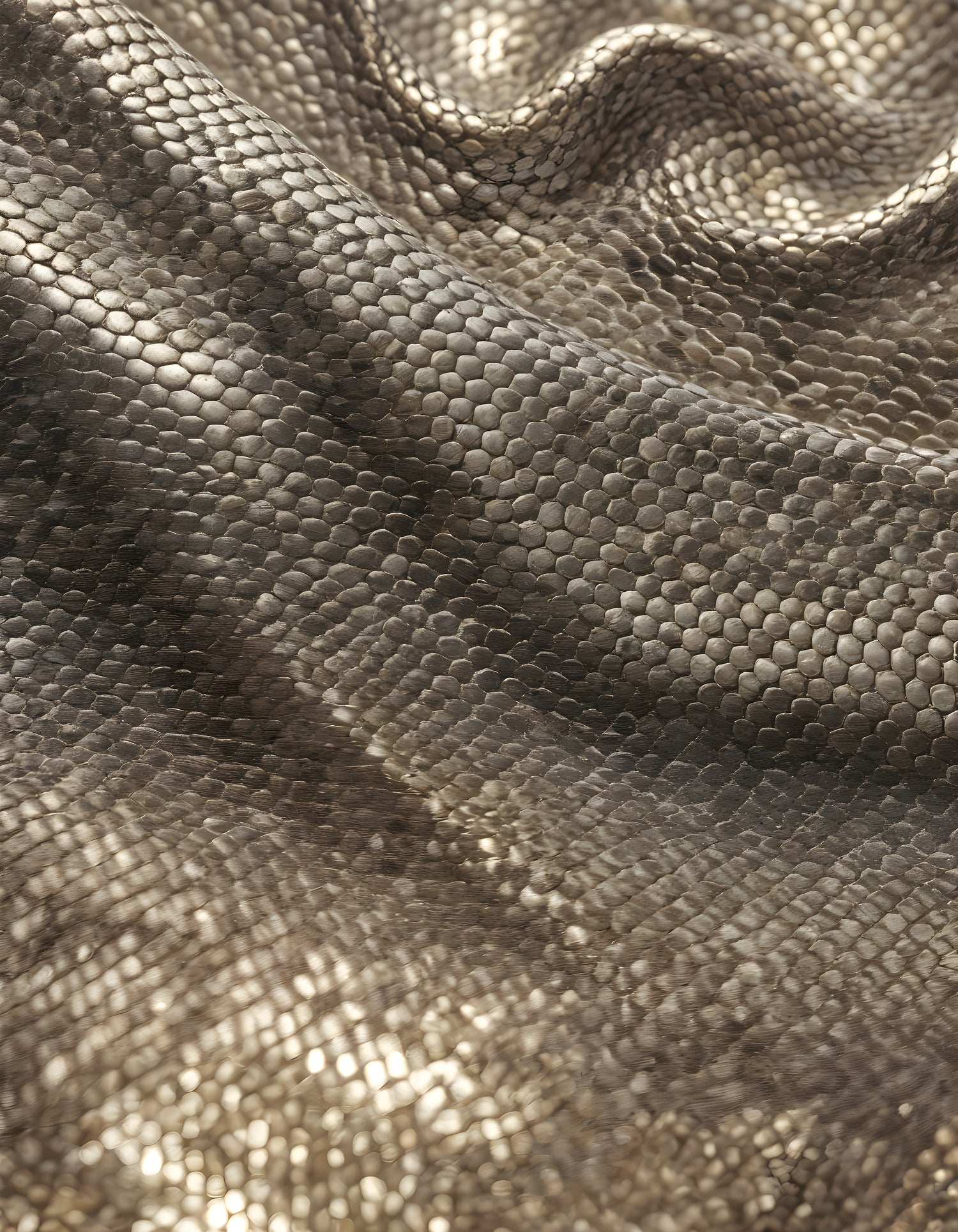 Textured metallic fabric with a snakeskin pattern used in fashion design, showcasing its sheen and intricate details