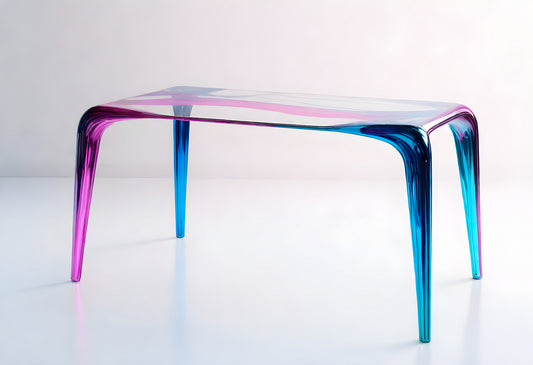 A modern glass dining table with vibrant blue and pink legs showcasing contemporary design in a minimalist setting