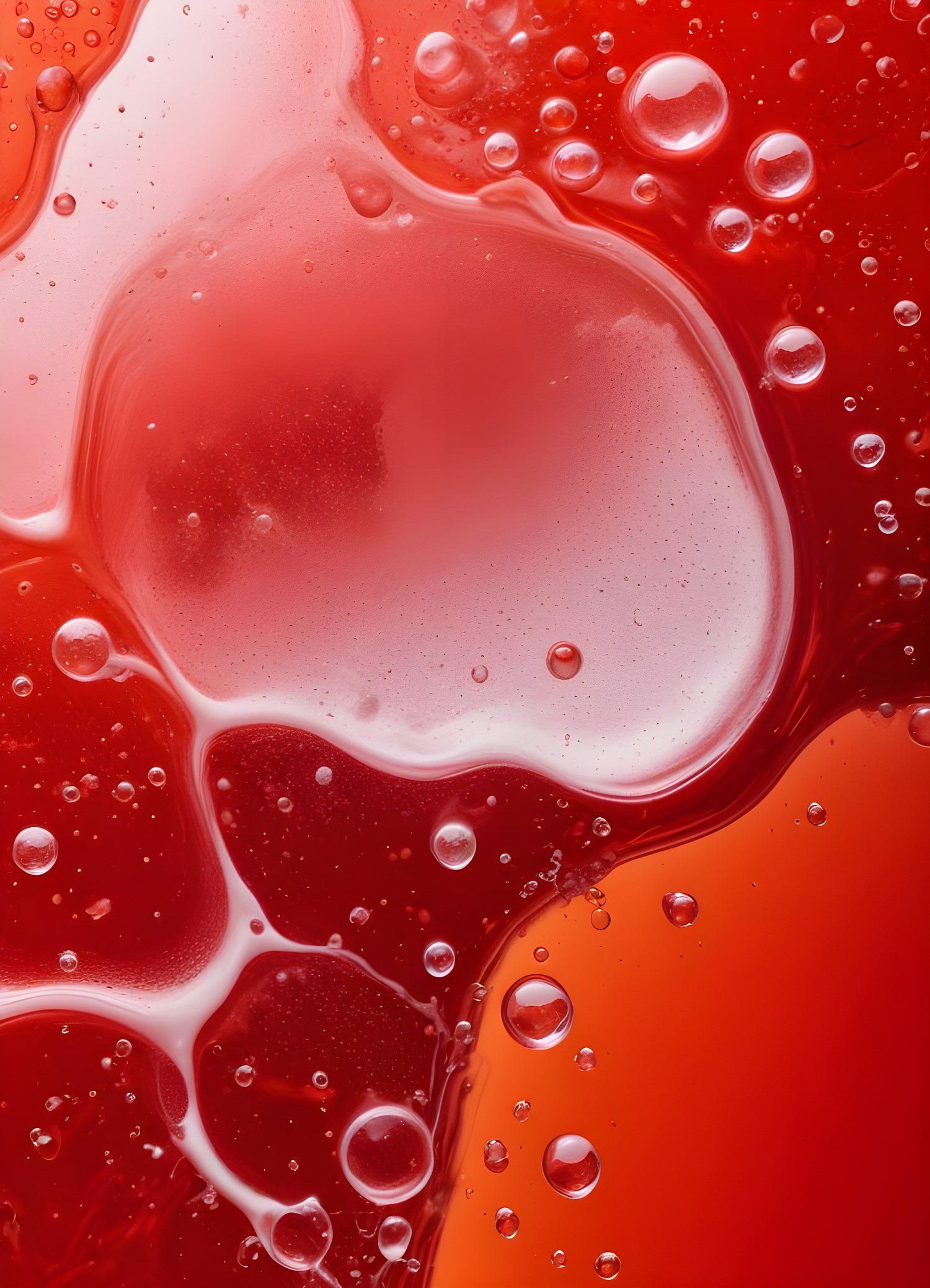 Abstract close-up of red liquid with bubbles and droplets, showcasing the interplay of colors and textures in a vibrant manner. Generative AI