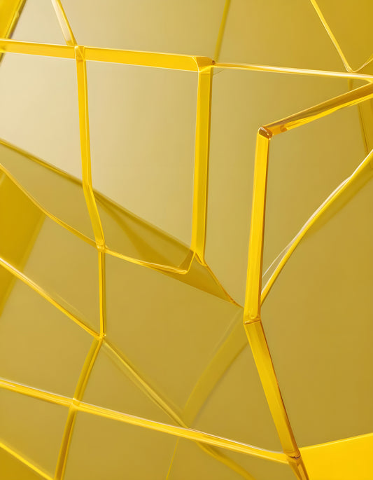 Abstract yellow geometric structure with reflective surfaces and intricate shapes illuminated by soft light. Generative AI