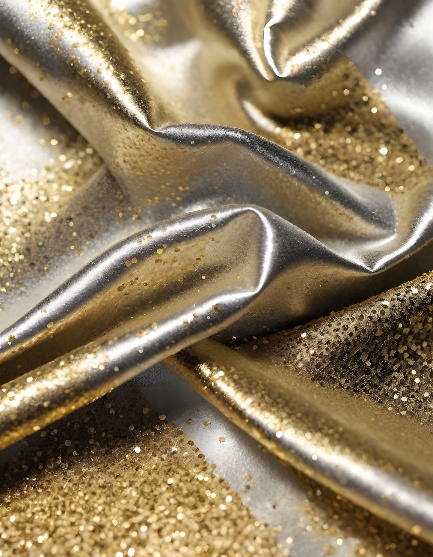 Metallic golden and silver fabric creates elegant textures with intricate folds and reflections under soft lighting