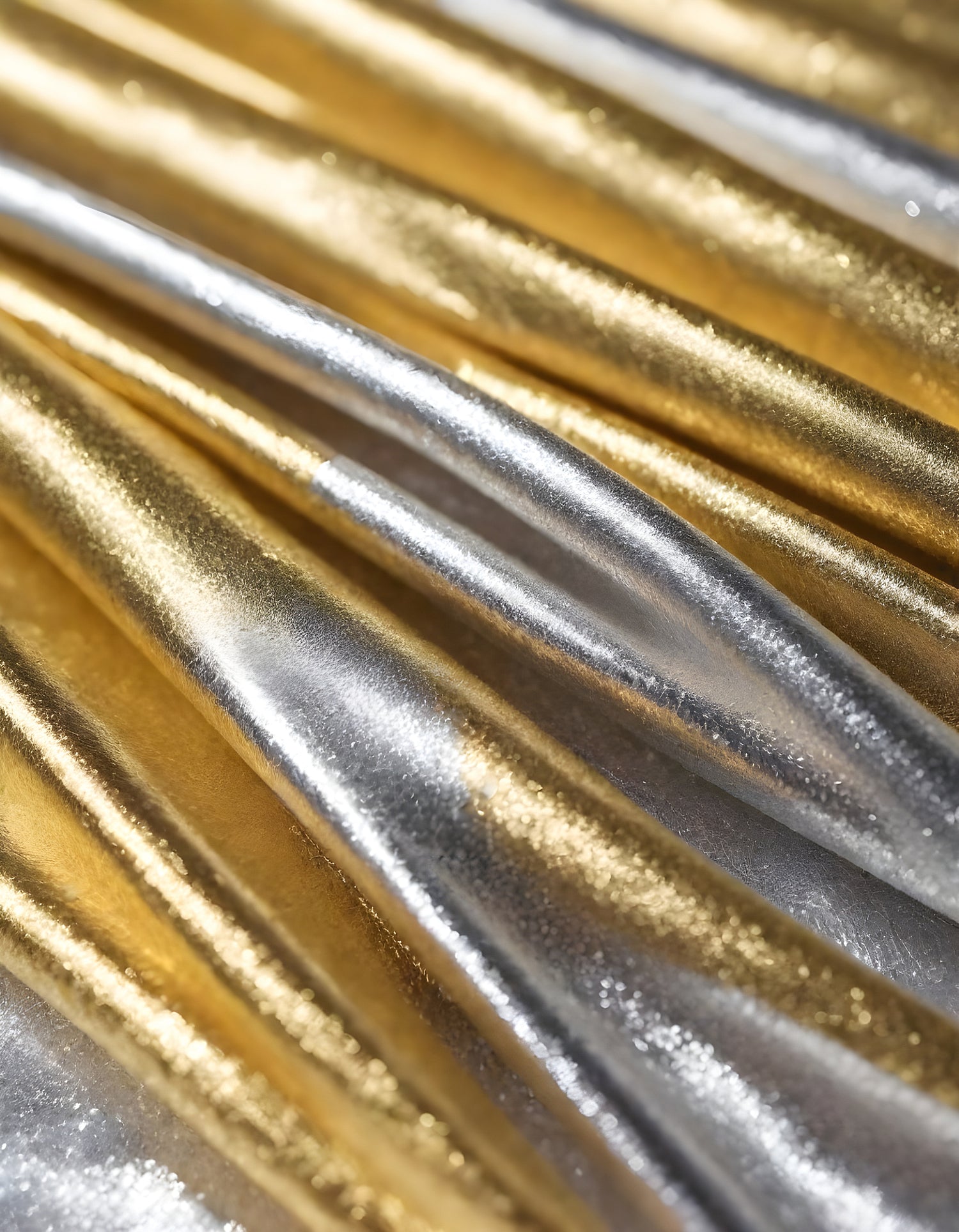 Metallic golden and silver fabric creates elegant textures with intricate folds and reflections under soft lighting