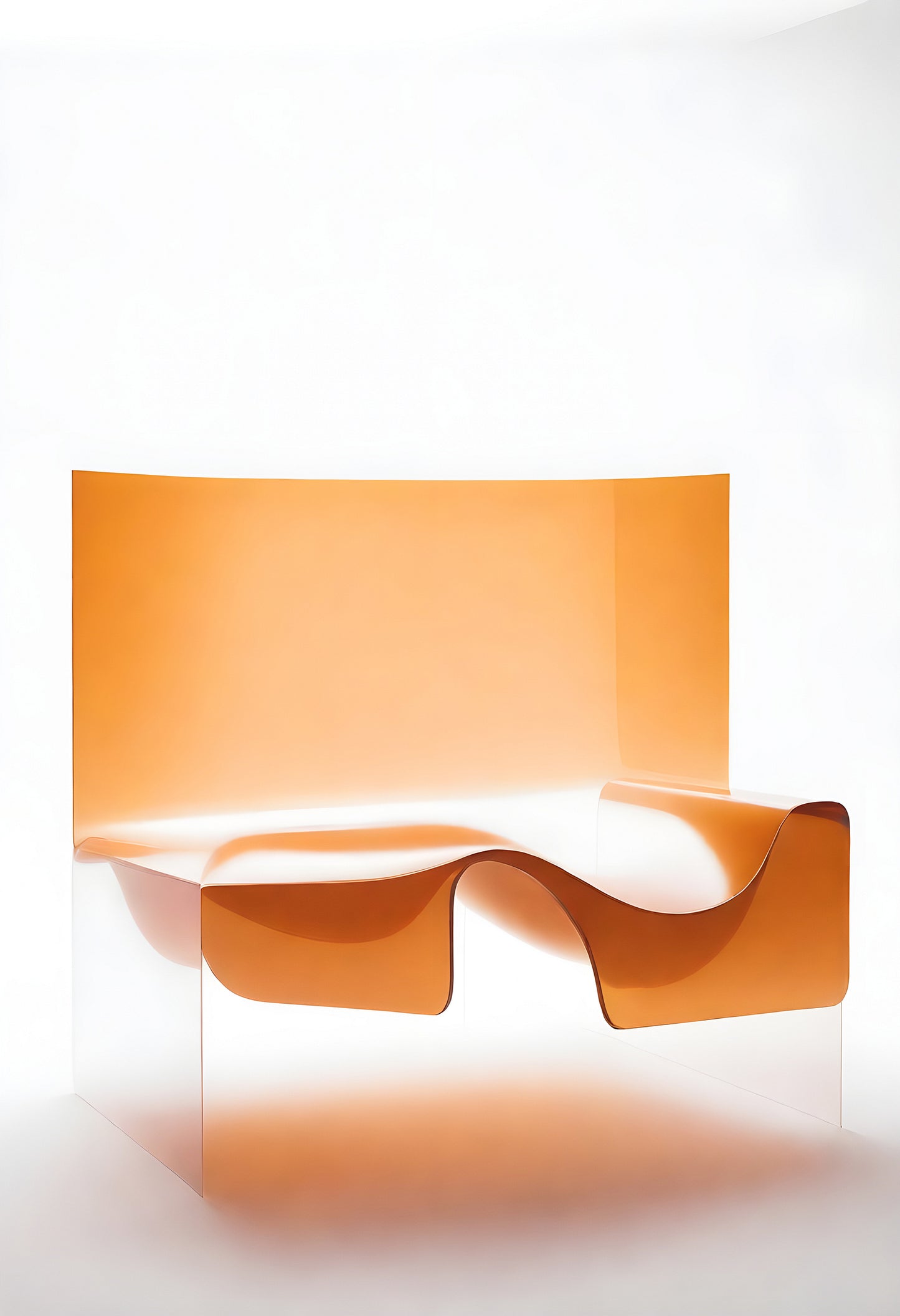 Modern transparent bench with orange accent in a minimalist design setting, showcasing unique contemporary aesthetics