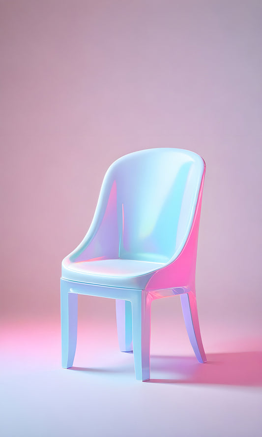 Stylish modern chair illuminated with soft pastel colors in a minimalistic setting during evening hours