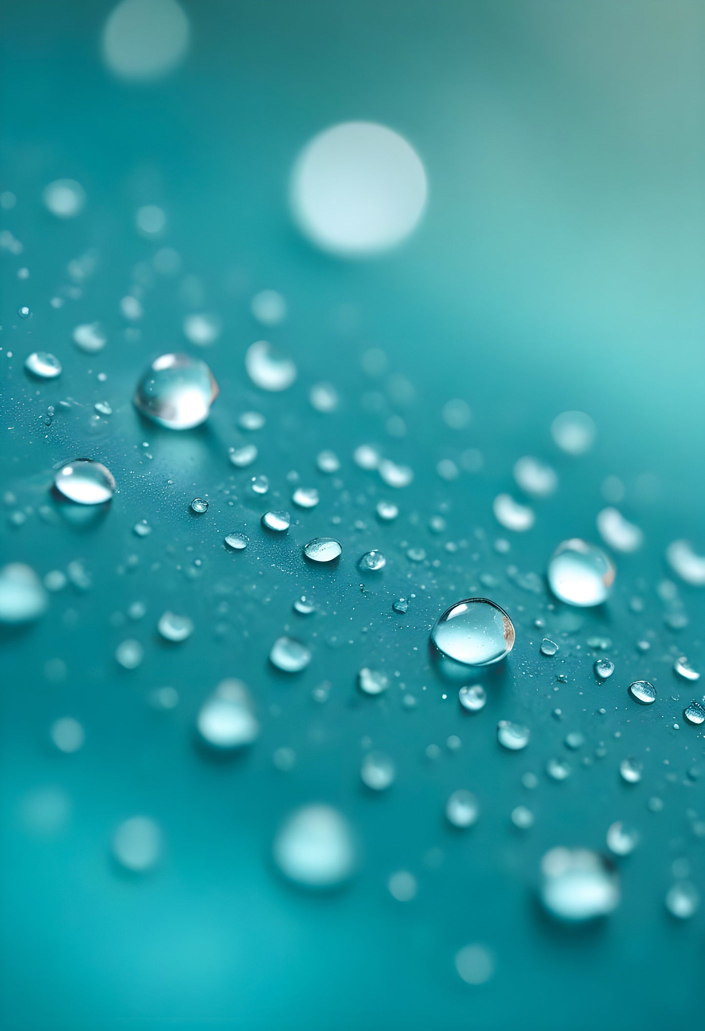 Water droplets on a thin surface with a blurred turquoise background amidst soft light reflections. Generative AI